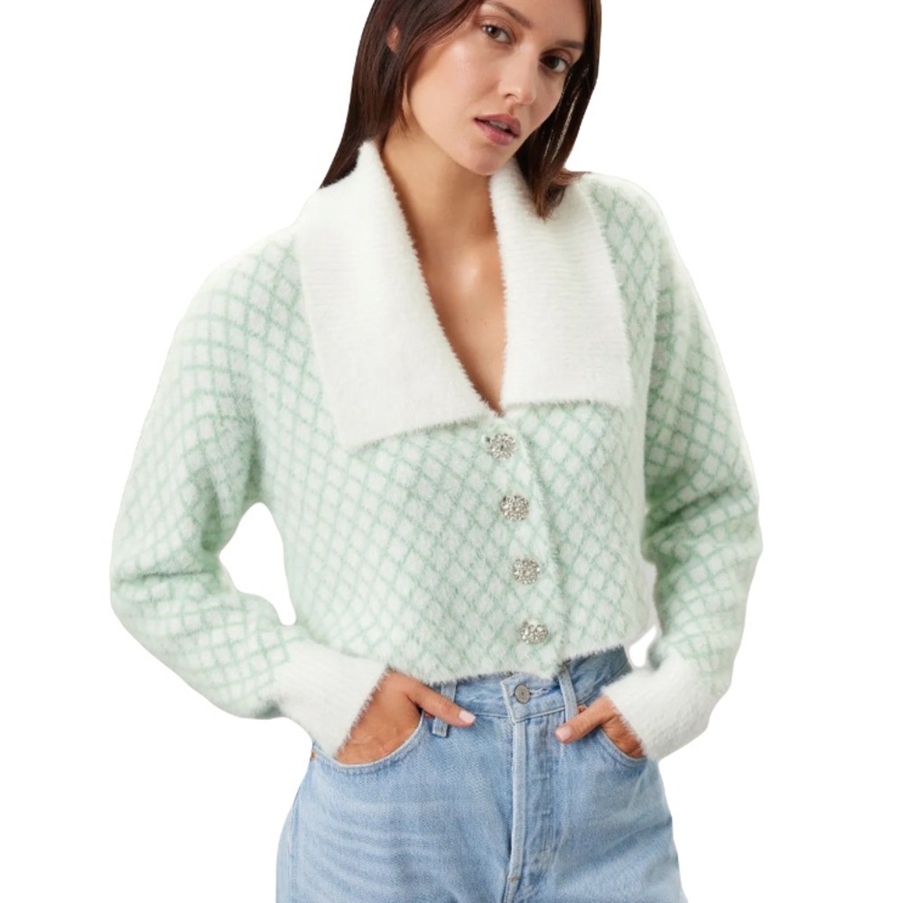 Louna XXL Mint Green Pattern & White Fuzzy Cardigan Diamond Rhinestone Buttons